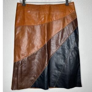 Polli Says Camel Brown Black Asymmetrical Patchwork Leather Pencil Skirt 6